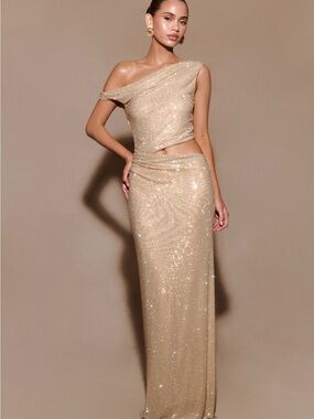 Meshki Gold One-Shoulder Sequin Maxi Dress